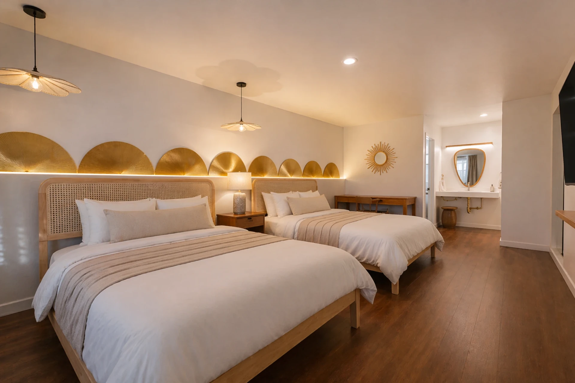 Double queen room with two beds, cane headboards and gold fan wall detail at Forest Springs Resort
