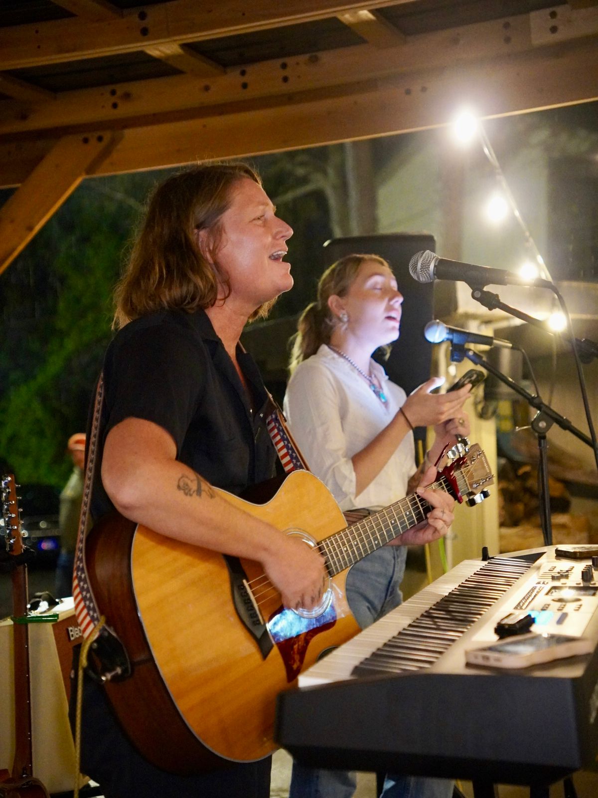 Acoustic duo performing by the fire at Forest Springs