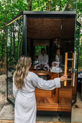 Nordic sauna with forest views