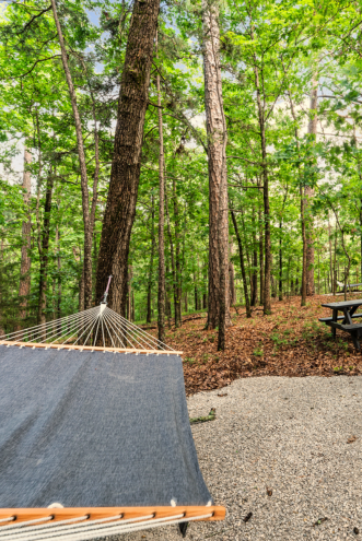 Hammock strung between pines with a picnic table on the wooded grounds