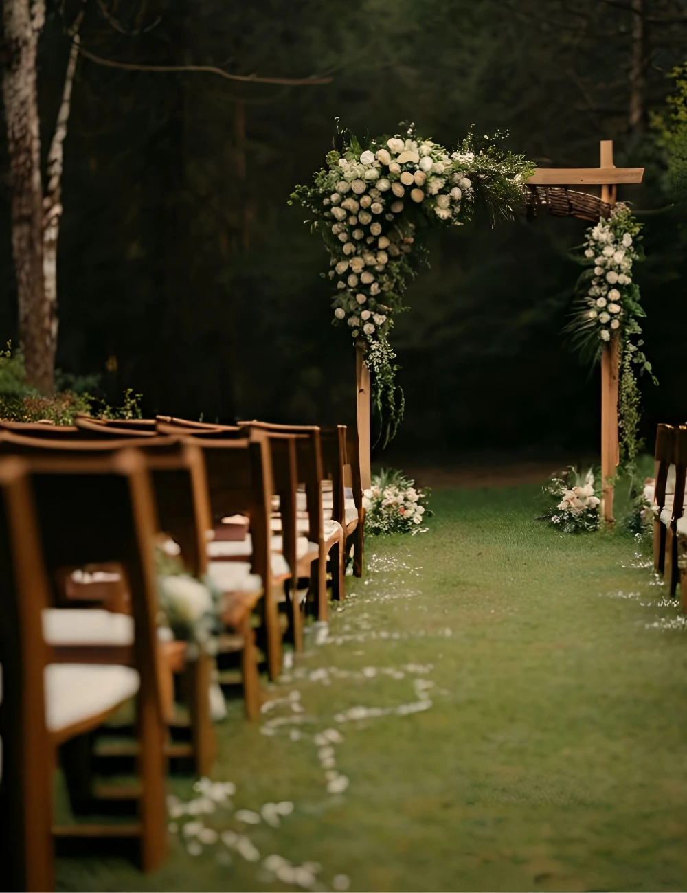 Wooden arbor with white florals at the end of a woodland ceremony aisle at Forest Springs