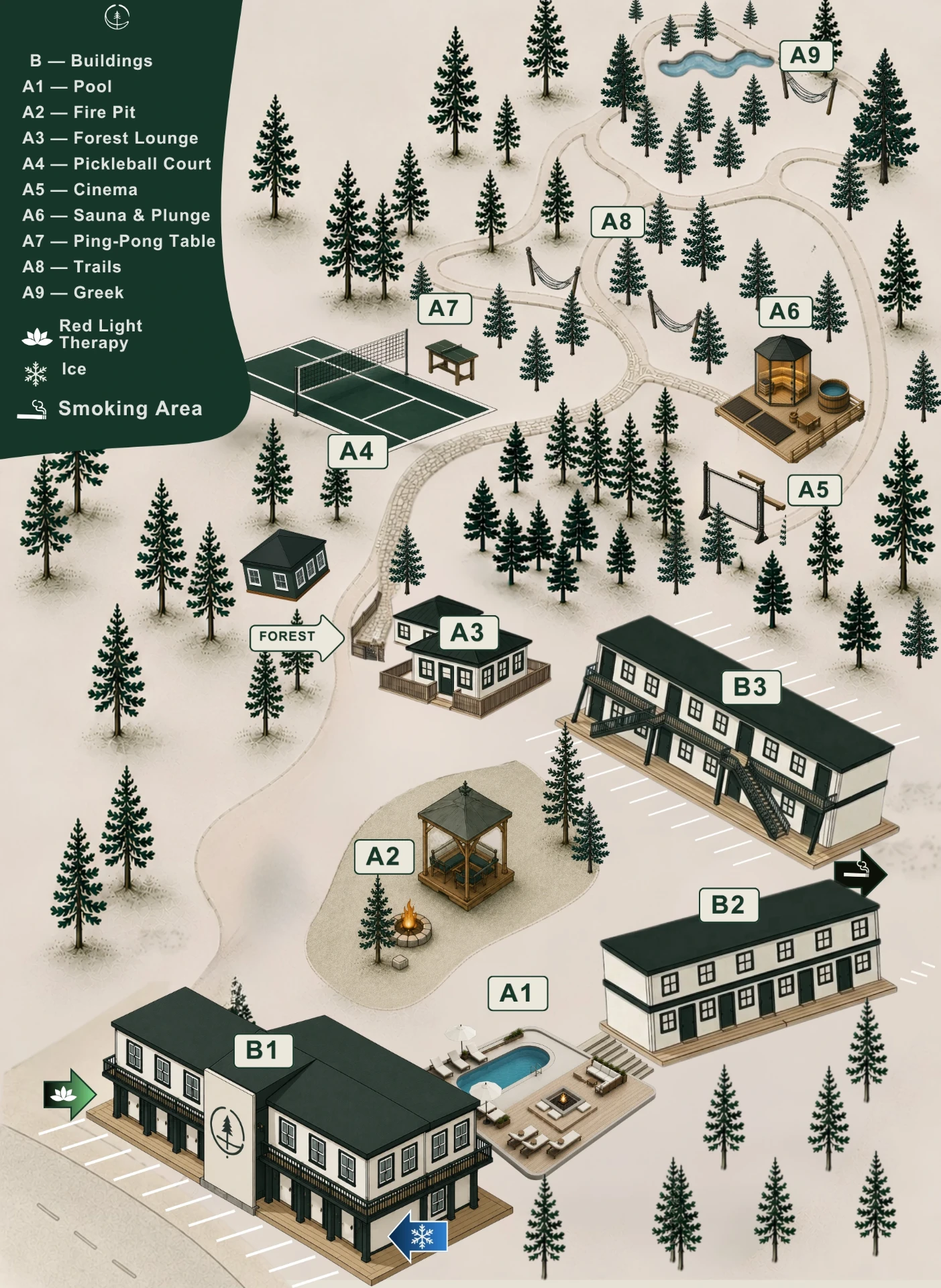 Forest Springs property map showing buildings B1-B3, amenities A1-A9, parking, pool, sauna, forest lounge, pickleball court, and walking paths